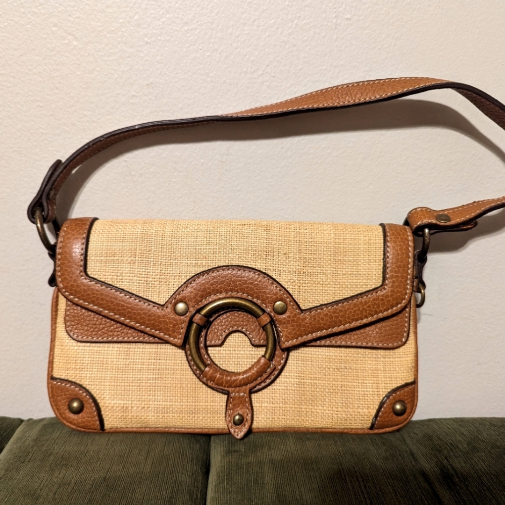 J.Crew Beige and Brown Leather Straw Satchel Purse Bag